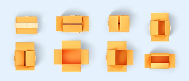 3d render top view isolated empty open box set