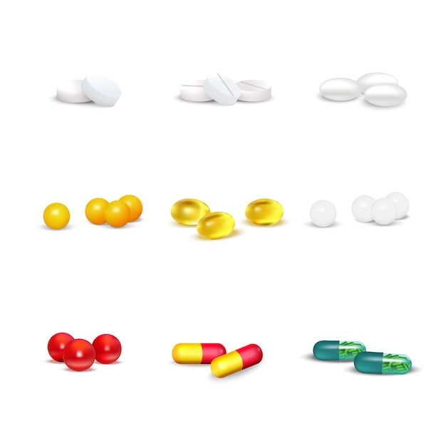 3D set of pills and capsules of various shapes and colors on white background