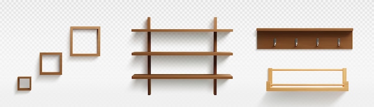 Free Vector 3d set of wooden shelves on transparent background