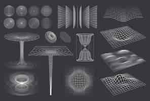 Free vector 3d shapes grid set with isolated monochrome images of wireframe spheres curves vortex and cumbersome waves vector illustration