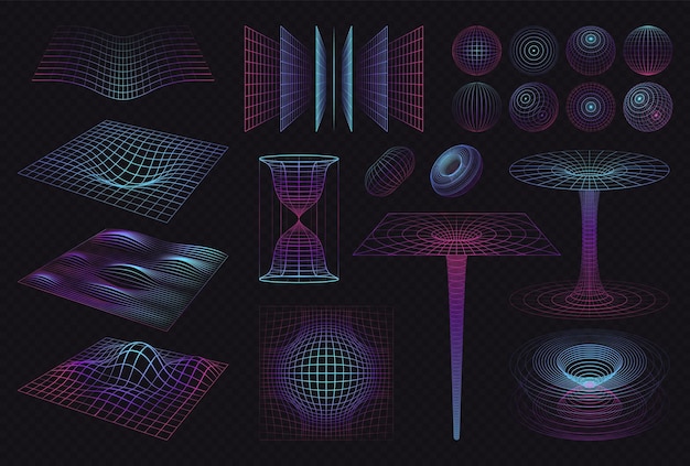 Бесплатное векторное изображение Набор трехмерных фигур с изолированными неоновыми светящимися сетками, волнами и узорами спектра на темном фоне векторной иллюстрации