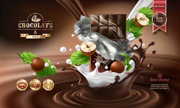 초콜릿 바 떨어지는 조각으로 녹은 초콜렛과 우유의 3D 밝아진.