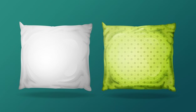 3d square pillow mockup set. Realistic bedding fabric elements. 