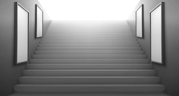 壁に広告を出すための明るい空の白いLCDスクリーンに向かう3D階段