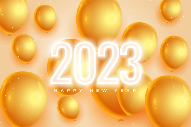 Бесплатное векторное изображение 3d стиль 2023 белый неоновый баннер с золотыми шарами
