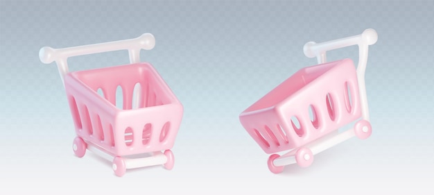 Free vector 3d supermarket cart set isolated on transparent background vector realistic illustration of empty pink shop trolley for goods retail shopping online add to cart icon website or app design element