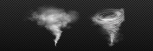 Tornado 3d vento e uragano tempesta di tornado vettore ciclone vortice di vortice isolato effetto vortice d'aria realistico imbuto di nuvole con cerchio bianco disastro di fumo fenomeno di vortice meteorologico naturale