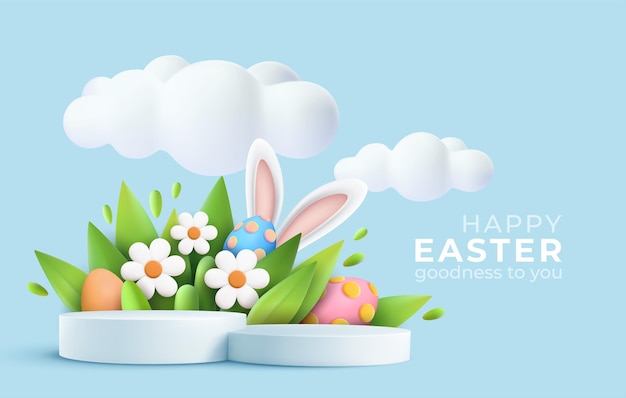 3D製品の表彰台、春の花、雲、イースターエッグ、ウサギと3Dトレンディなイースターの挨拶
