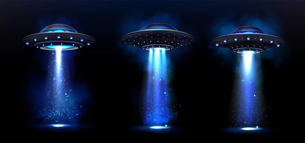 무료 벡터 3d ufo 우주선 현실적 인 납치 빛  배경 미래의 우주선 우주선 밤 안개에 빛나는 외계 지역 다른 비행기 전구 검은 배경에 스포트라이트 광선