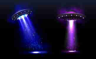 Free vector 3d ufo, vector alien space ships with blue and purple light beams with sparkles. saucers with illumination and bright ray for human abduction, unidentified flying objects realistic vector illustration