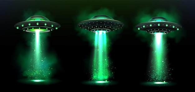 Ufo 3d, astronavi aliene vettoriali con fascio di luce verde, fumo e scintillii.