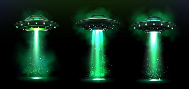 3d UFO, vector alien space ships with green light beam, smoke and sparkles.