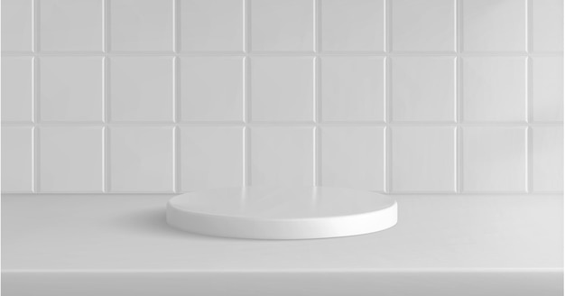 Vettore gratuito sfondo della piattaforma del podio delle piastrelle della cucina bianca 3d studio di visualizzazione del prodotto in prospettiva con scena e ombra del piedistallo vetrina in ceramica per bagno pulito realistico astratto per presentazione e mockup