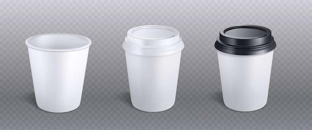 Vettore gratuito mockup vettoriale isolato tazza di caffè in carta bianca 3d bevanda usa e getta mock up per espresso caldo da asporto dal bar con coperchio in plastica nera il contenitore del pacchetto di cartone del cappuccino rende l'illustrazione del design