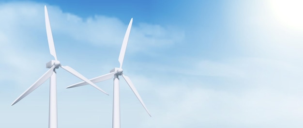 Free vector 3d white wind mill power turbine on sky background