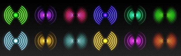 Free vector 3d wifi neon light symbol technology vector effect abstract wireless wave sign glow icon sound scan echolocation line concept futuristic radial mobile phone spot disc concentric sonar antenna