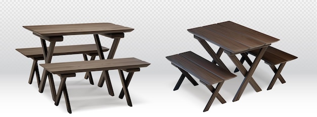 Бесплатное векторное изображение 3d деревянный открытый стол для пикника с скамейкой для сада