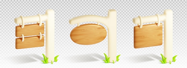 3d wood travel road signboard isolated vector wooden signpost with white pillar timber plank and rope for village location or highway illustration destination guide on pole object collection