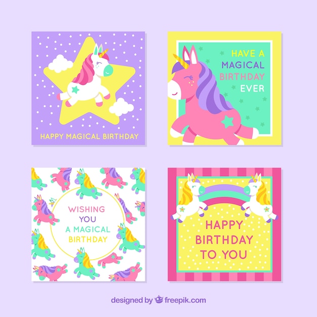 Vettore gratuito 4 schede di compleanno colorate con unicorno