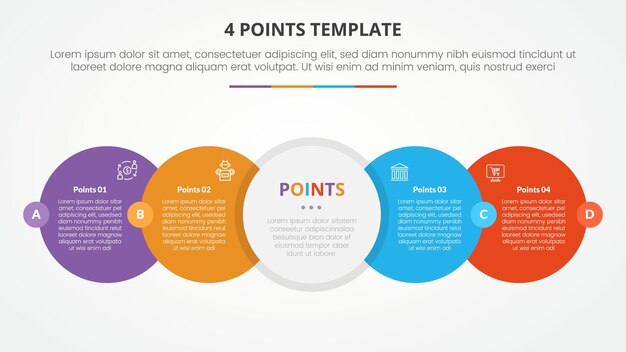 4 points stage list template infographic concept for slide presentation with big circle horizontal right direction with badge center with flat style