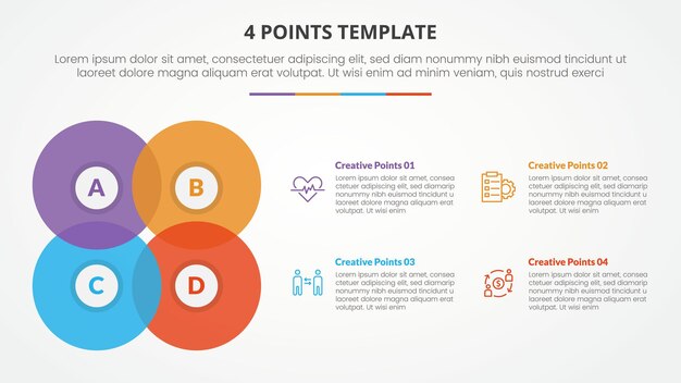 4 points stage list template infographic concept for slide presentation with venn blending big circle create square with flat style