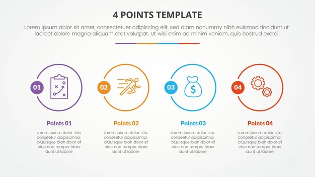 4 points stage template infographic concept for slide presentation with big outline circle horizontal 4 point list with flat style vector
