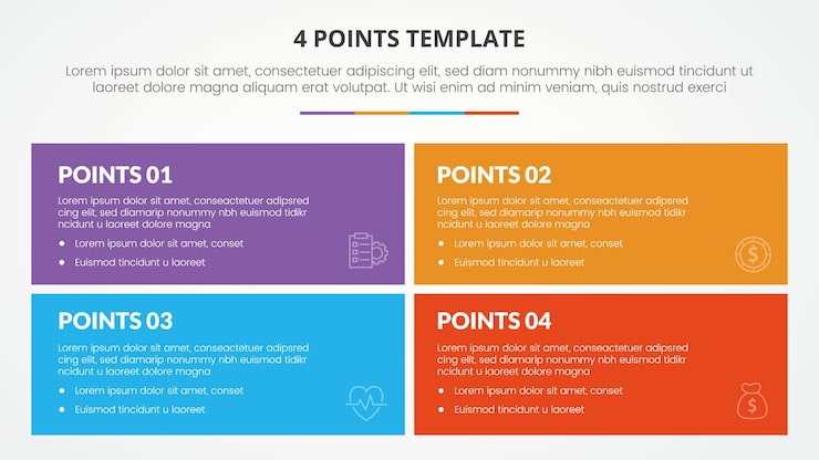 Free Vector 4 points stage template infographic concept for slide presentation with big rectangle box with matrix structure with 4 point list with flat style vector