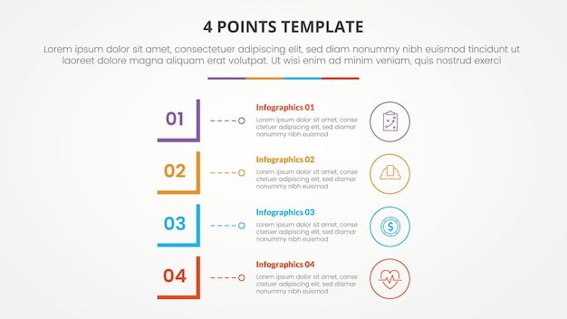 Free vector 4 points stage template infographic concept for slide presentation with modified square shape vertical stack 4 point list with flat style vector