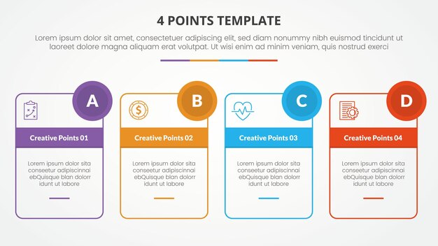 개요 상자 및 원 배지가 포함된 슬라이드 프레젠테이션을 위한 4포인트 스테이지 템플릿 인포그래픽 개념 플랫 스타일 벡터가 있는 4포인트 목록