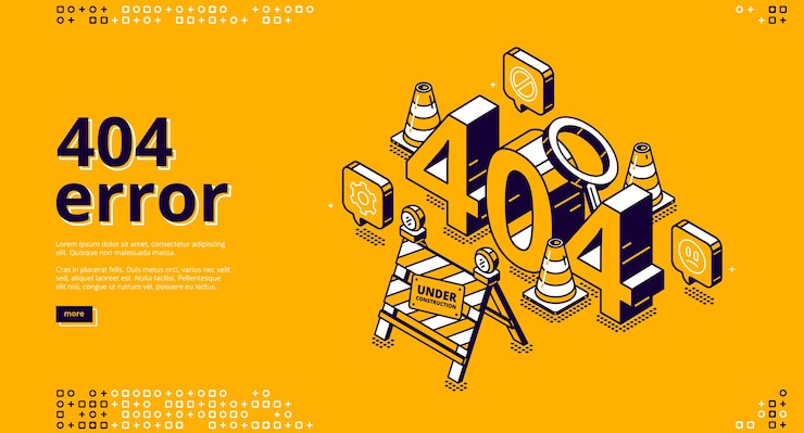 Free Vector 404 error isometric landing banner, website maintenance, page not found concept with traffic cones and sign under construction