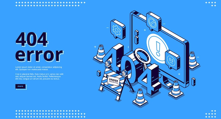 무료 Vector 404 오류 아이소 메트릭 방문 배너, 웹 사이트 유지 관리, 트래픽 콘 및 기호가있는 페이지를 찾을 수 없습니다.
