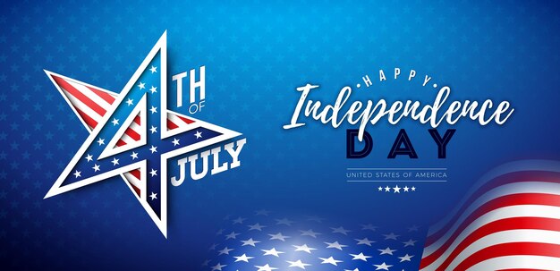 4 июля День независимости США Векторный дизайн с американским флагом 3d Star Symbol