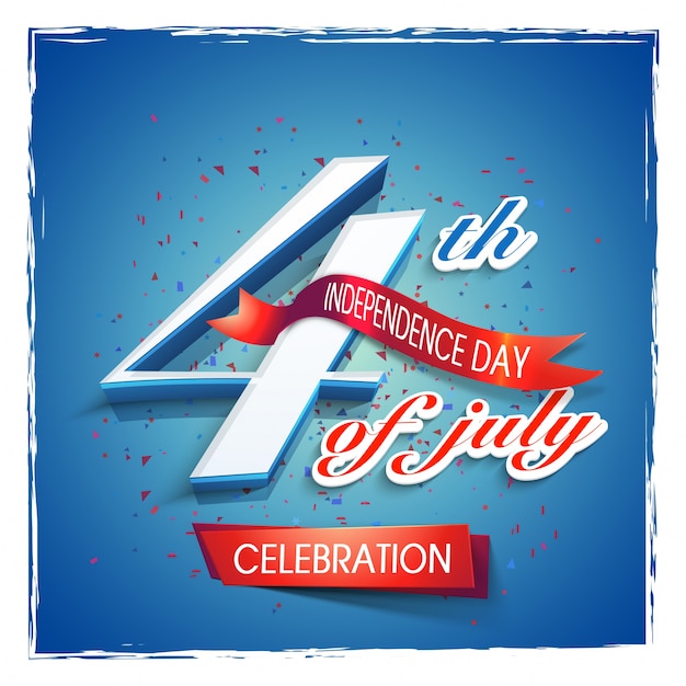 4th of July Text with Red Ribbon on Shiny Blue Background