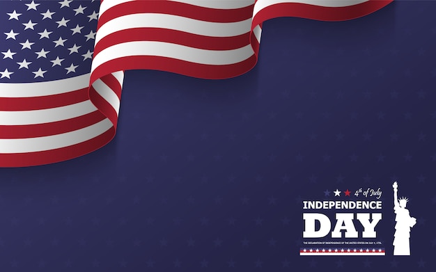 4-ое июля счастливый день независимости предпосылки америки. статуя свободы плоский силуэт дизайн с текстом и размахивая американским флагом