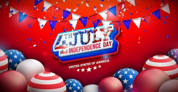 Бесплатное векторное изображение 4 июля день независимости сша дизайн с американским цветным флагом и воздушным шаром