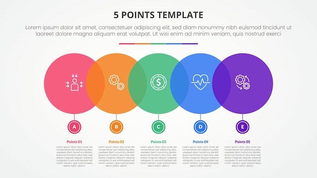 スライドプレゼンテーションのためのインフォグラフィックコンセプト - 大円を横に小円を下に平らなスタイルの5ポイントリスト