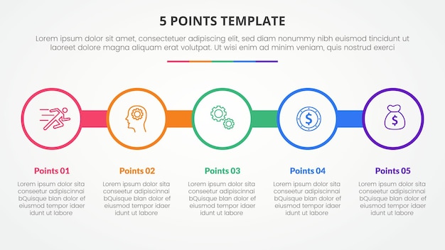 Vettore gratuito concetto di infografica modello di fase a 5 punti per la presentazione di diapositive con contorno di un grande cerchio in linea orizzontale con elenco di 5 punti con vettore di stile piatto