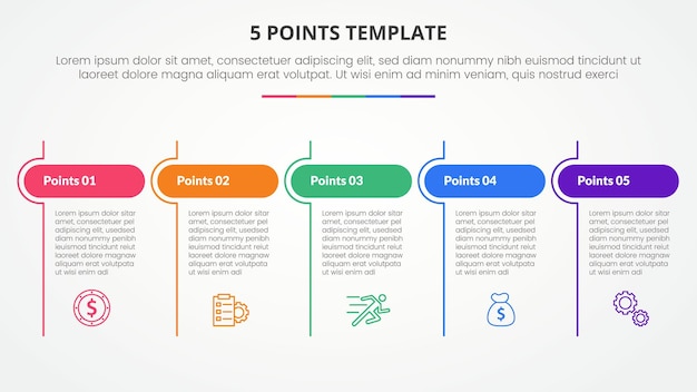 5 points stage template infographic concept for slide presentation with table round header and line divider with 5 point list with flat style vector