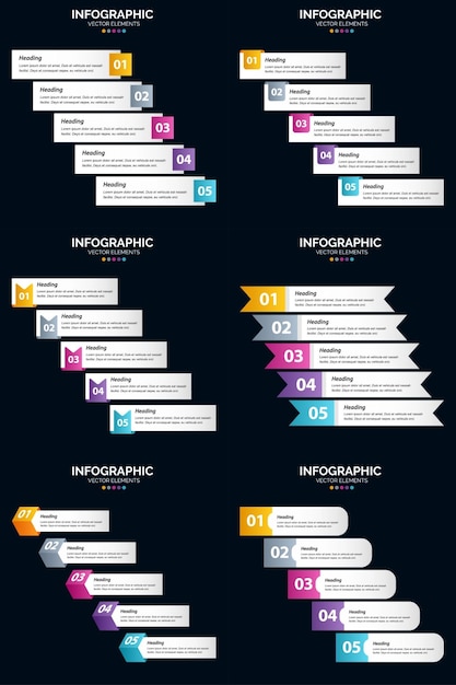 Diagrammi del ciclo di 5 passaggi e linee temporali 6 modello di diapositiva vettoriale di presentazione del pacchetto di infografica