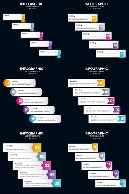 Diagrammi del ciclo di 5 passaggi e linee temporali 6 modello di diapositiva vettoriale di presentazione del pacchetto di infografica