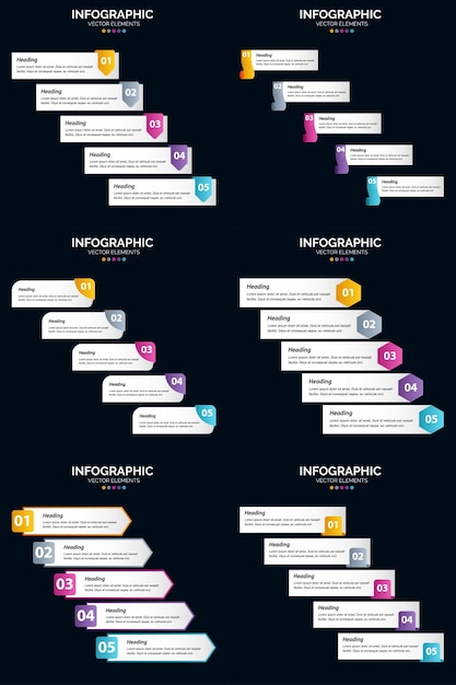 Diagrammi del ciclo di 5 passaggi e linee temporali 6 modello di diapositiva vettoriale di presentazione del pacchetto di infografica