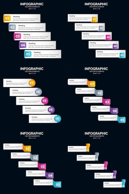 Diagrammi del ciclo di 5 passaggi e linee temporali 6 modello di diapositiva vettoriale di presentazione del pacchetto di infografica