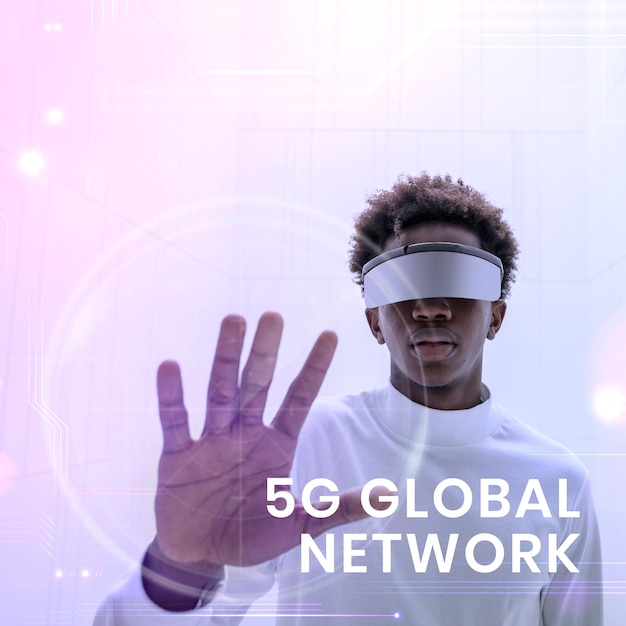 スマートグラスの背景を身に着けている男性と5Gグローバルネットワークテンプレート