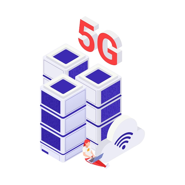 Бесплатное векторное изображение Интернет-концепция 5g с женщиной, работающей над ноутбуком и центром обработки данных, изометрическая векторная иллюстрация