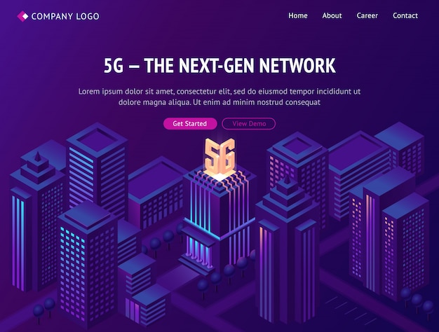 5g network technology isometric landing page.