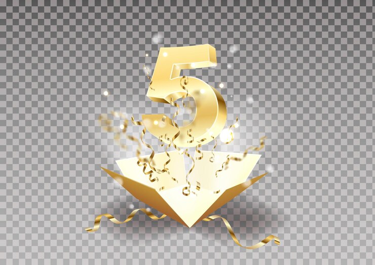 Free Vector 5th year anniversary room and open the gift box with explosions of confetti isolated design element template five the celebration of the fifth birthday on a transparent background vector