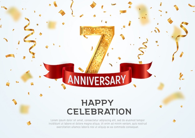 7 years anniversary vector banner template. seven year jubilee with red ribbon and confetti on white background