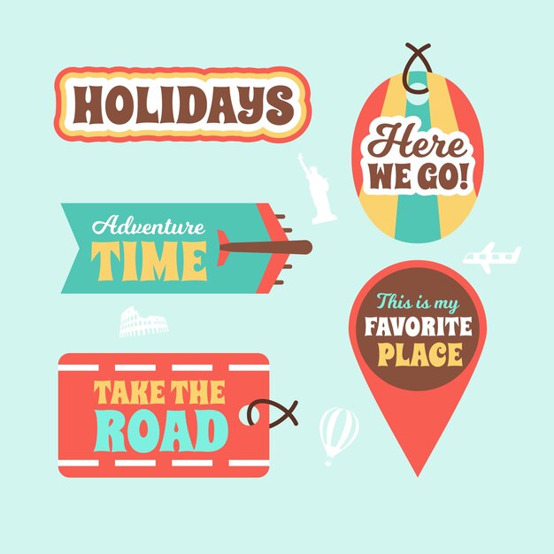 Free vector 70s style travel sticker collection