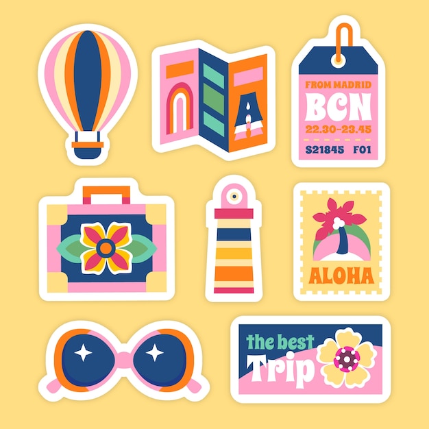 Free vector 70s style travel sticker collection