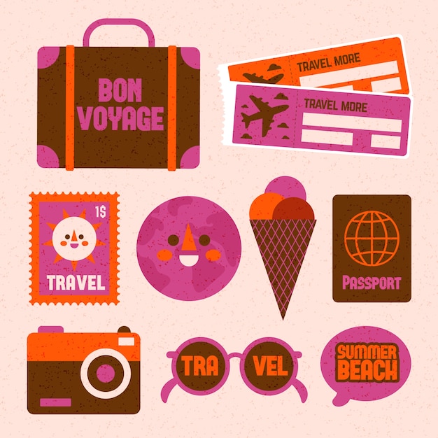 Free vector 70s style travel sticker collection
